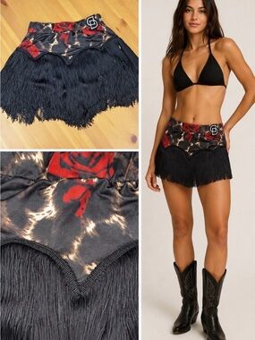 Dance Skirt Heavy Black Fringe XS S Hot Cowgirl Latin Salsa Texas Rose Indie Fem